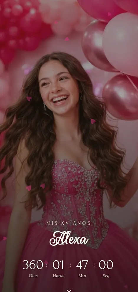 La portada real de la muestra de 15: Alexa, con globos rosas y la cuenta regresiva