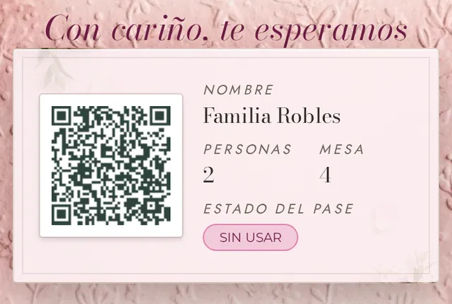 El pase con código QR de una invitación real: Familia Robles, 2 personas, mesa 4