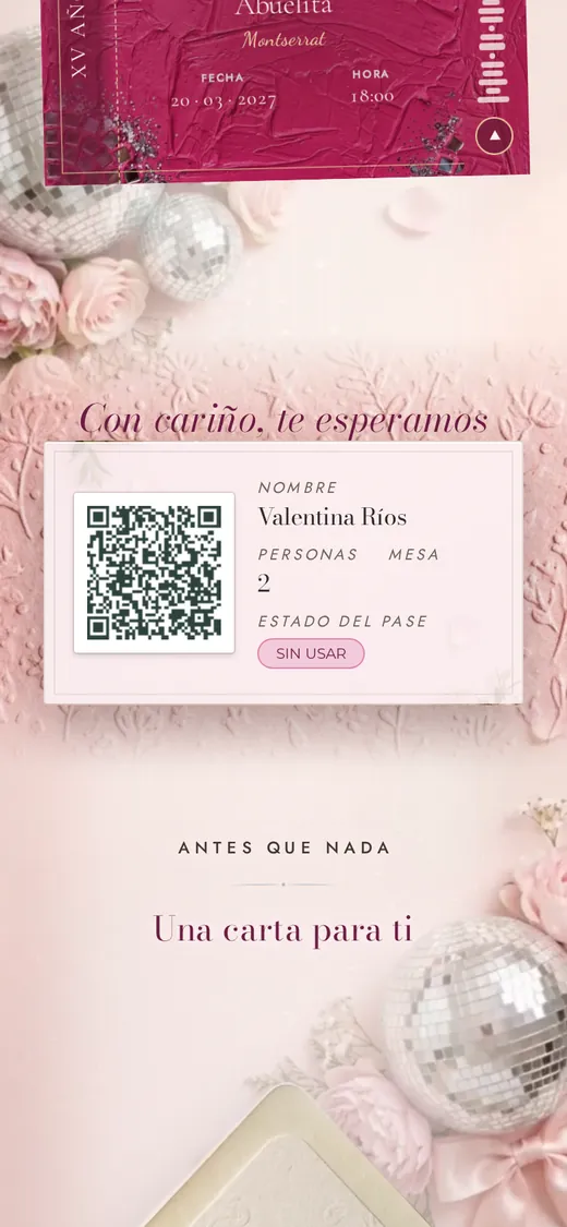 El pase de Valentina en una invitación real, con su mesa