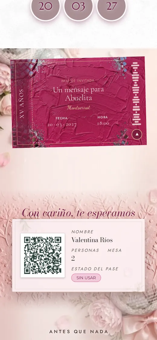 El pase con voz «Un mensaje para Abuelita» en una invitación real, antes de abrirlo