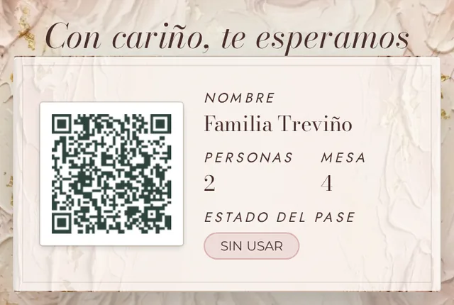 El pase con código QR de una invitación real: Familia Treviño, 2 personas, mesa 4